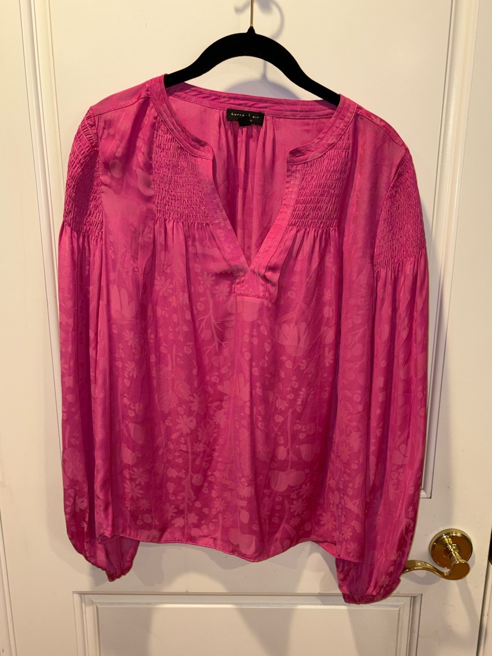 Current Air Hot Pink Floral Jacquard V-Neck Blouse with Elastic Trim Sleeves